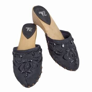 Z&L Black Embellished Slip On Mule Clogs US Sz 9 Wood Beads Studs Boho EU Sz 40
